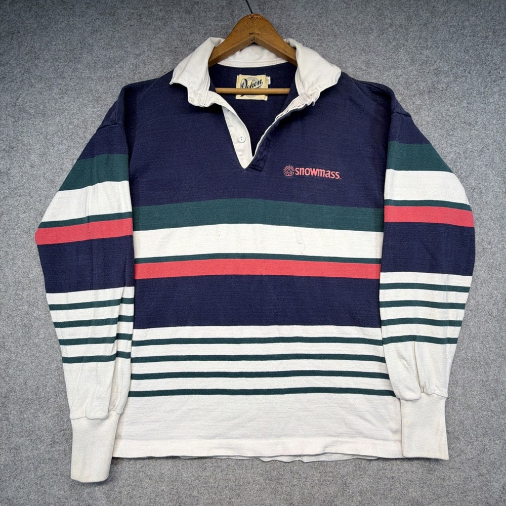 Vintage SnowMass Rugby Shirt Mens XXL Blue White Striped Dehen 80s